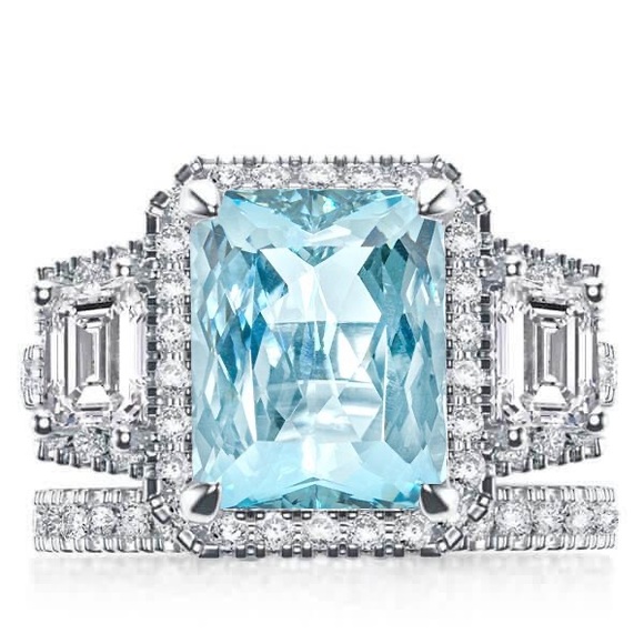 Italo Aquamarine Radiant Cut Halo Engagement Ring Set - Picture 1 of 5